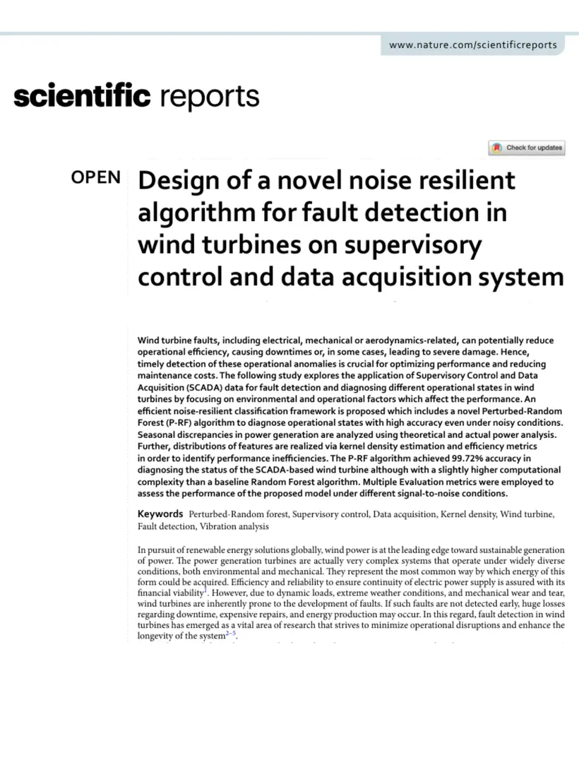 Design of a novel noise resilient algorithm for fault detection in wind turbines on supervisory control and data acquisition system — Scientific Reports