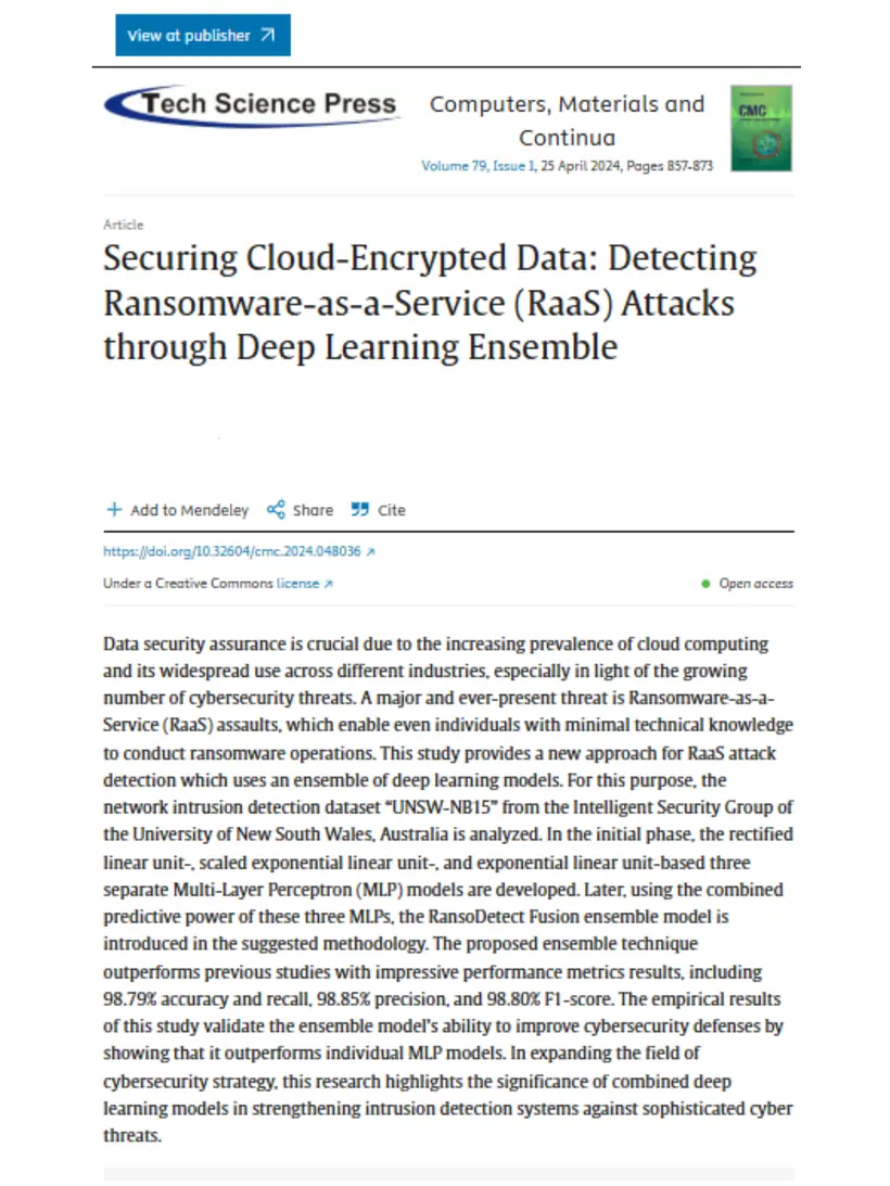 Securing Cloud-Encrypted Data: Detecting Ransomware-as-a-Service (RaaS) Attacks through Deep Learning Ensemble — Computers, Materials and Continua