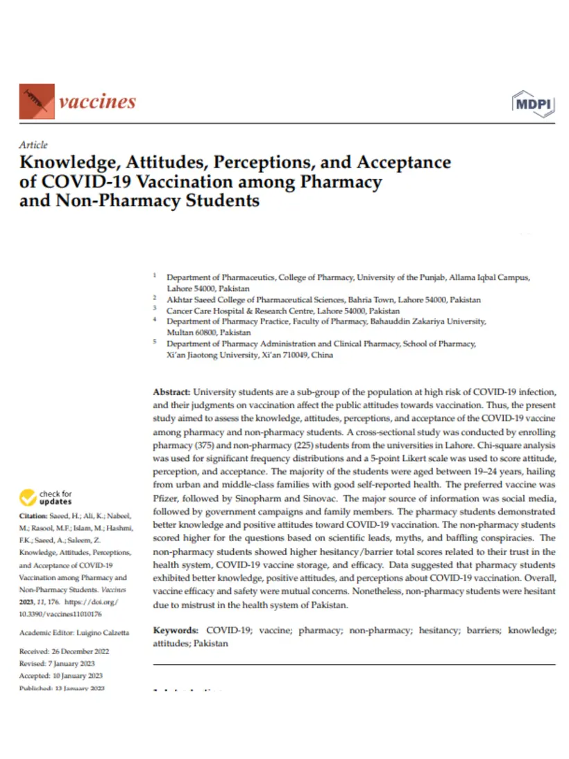 Knowledge, Attitudes, Perceptions, and Acceptance of COVID-19 Vaccination among Pharmacy and Non-Pharmacy Students — Vaccines