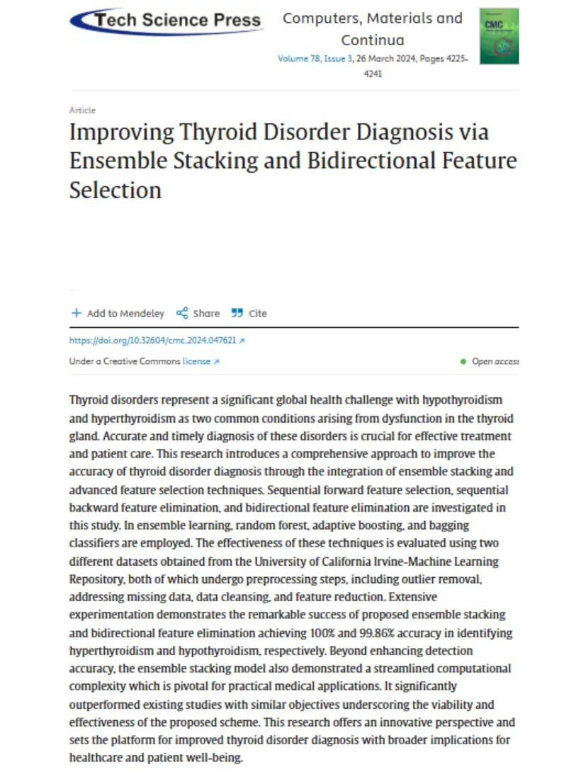 Improving Thyroid Disorder Diagnosis via Ensemble Stacking and Bidirectional Feature Selection — Computers, Materials and Continua