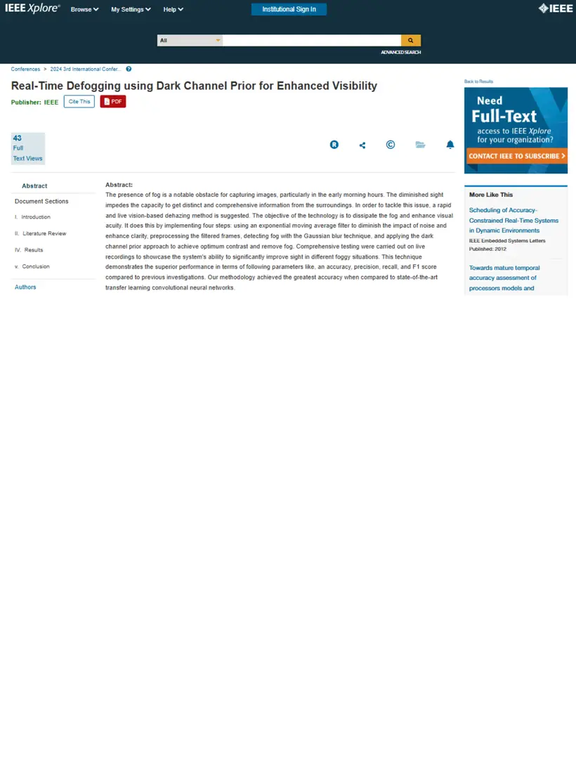 Real-Time Defogging using Dark Channel Prior for Enhanced Visibility — IEEE Xplore (conference)