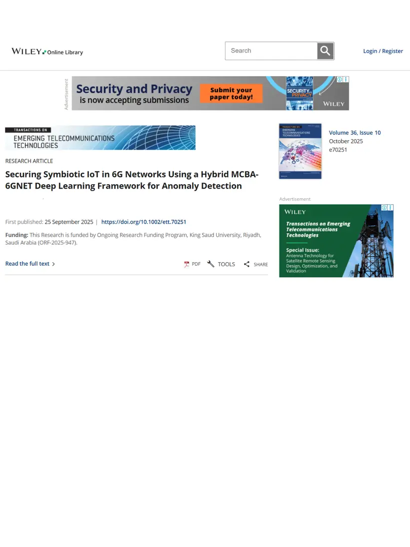 Securing Symbiotic IoT in 6G Networks Using a Hybrid MCBA-6GNET Deep Learning Framework for Anomaly Detection — Transactions on Emerging Telecommunications Technologies