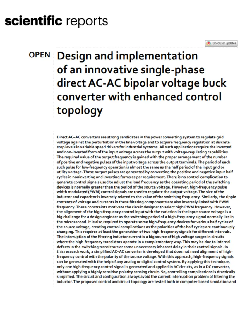 Design and implementation of an innovative single-phase direct AC-AC bipolar voltage buck converter with enhanced control topology — Scientific Reports