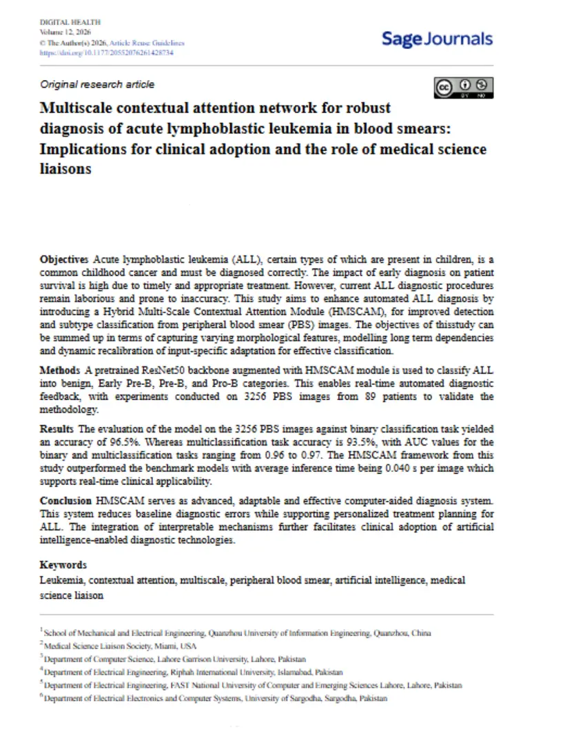 Multiscale contextual attention network for robust diagnosis of acute lymphoblastic leukemia in blood smears: Implications for clinical adoption and the role of medical science liaisons — Digital Health