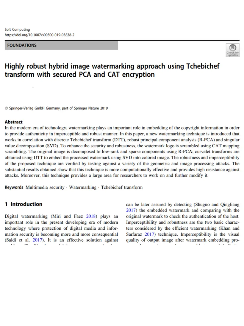 Highly robust hybrid image watermarking approach using Tchebichef transform with secured PCA and CAT encryption — Soft Computing
