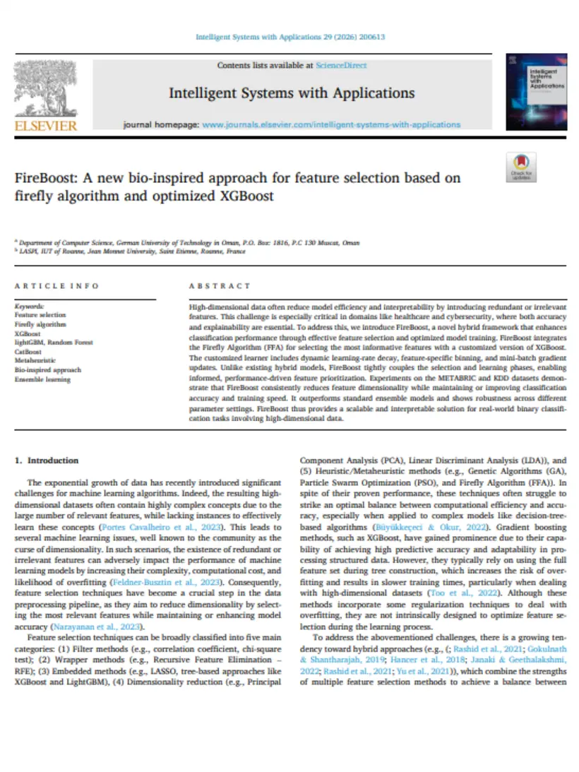 FireBoost: A new bio-inspired approach for feature selection based on firefly algorithm and optimized XGBoost — Intelligent Systems with Applications