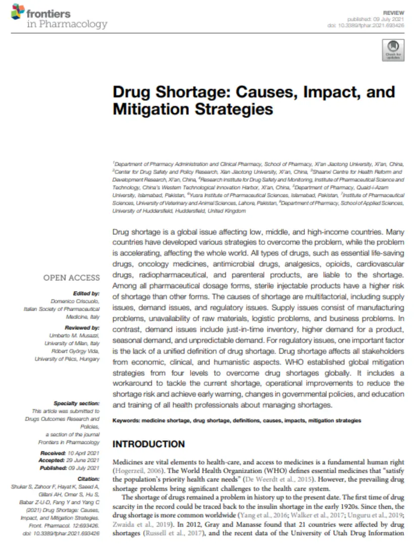 Drug Shortage: Causes, Impact, and Mitigation Strategies — Frontiers in Pharmacology