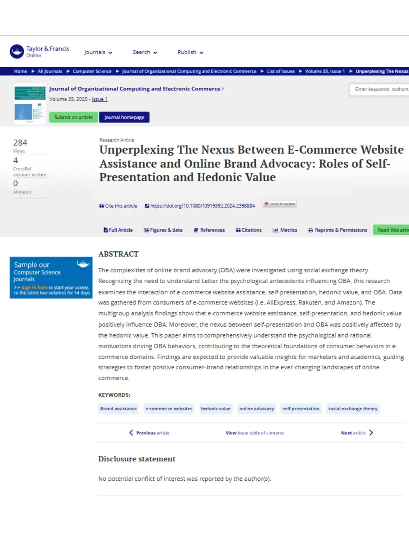 Unperplexing The Nexus Between E-Commerce Website Assistance and Online Brand Advocacy: Roles of Self-Presentation and Hedonic Value — Journal of Organizational Computing and Electronic Commerce
