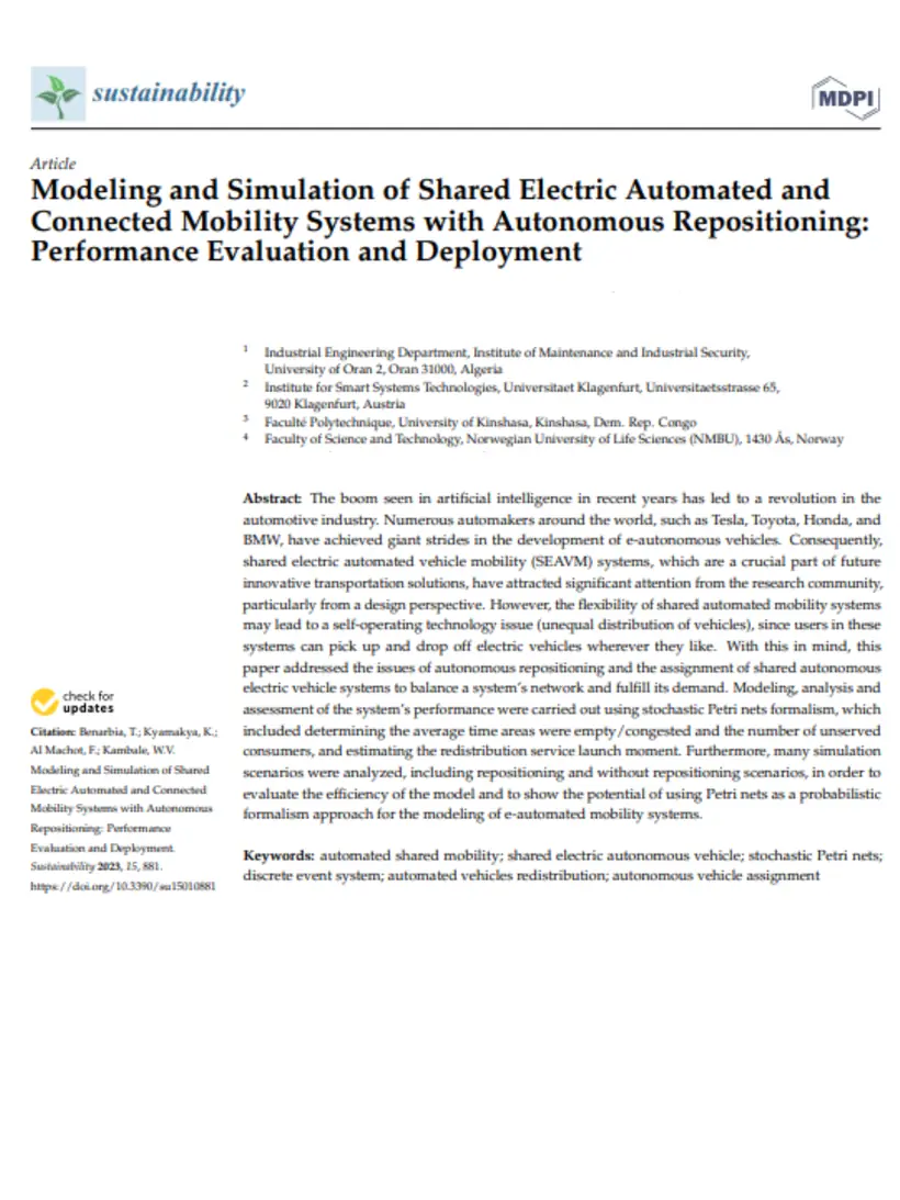 Modeling and Simulation of Shared Electric Automated and Connected Mobility Systems with Autonomous Repositioning: Performance Evaluation and Deployment — Sustainability
