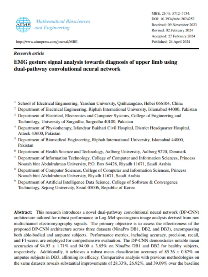 EMG gesture signal analysis towards diagnosis of upper limb using dual-pathway convolutional neural network — Mathematical Biosciences and Engineering