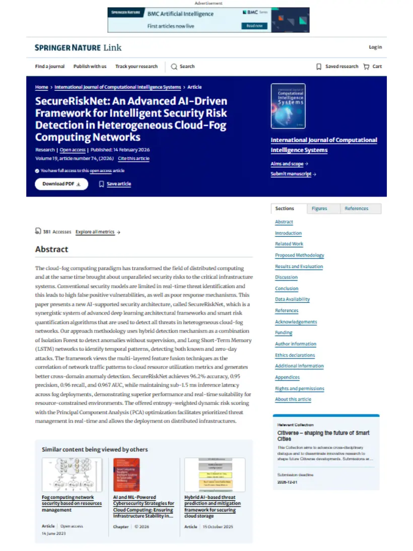 SecureRiskNet: An Advanced AI-Driven Framework for Intelligent Security Risk Detection in Heterogeneous Cloud-Fog Computing Networks — International Journal of Computational Intelligence Systems