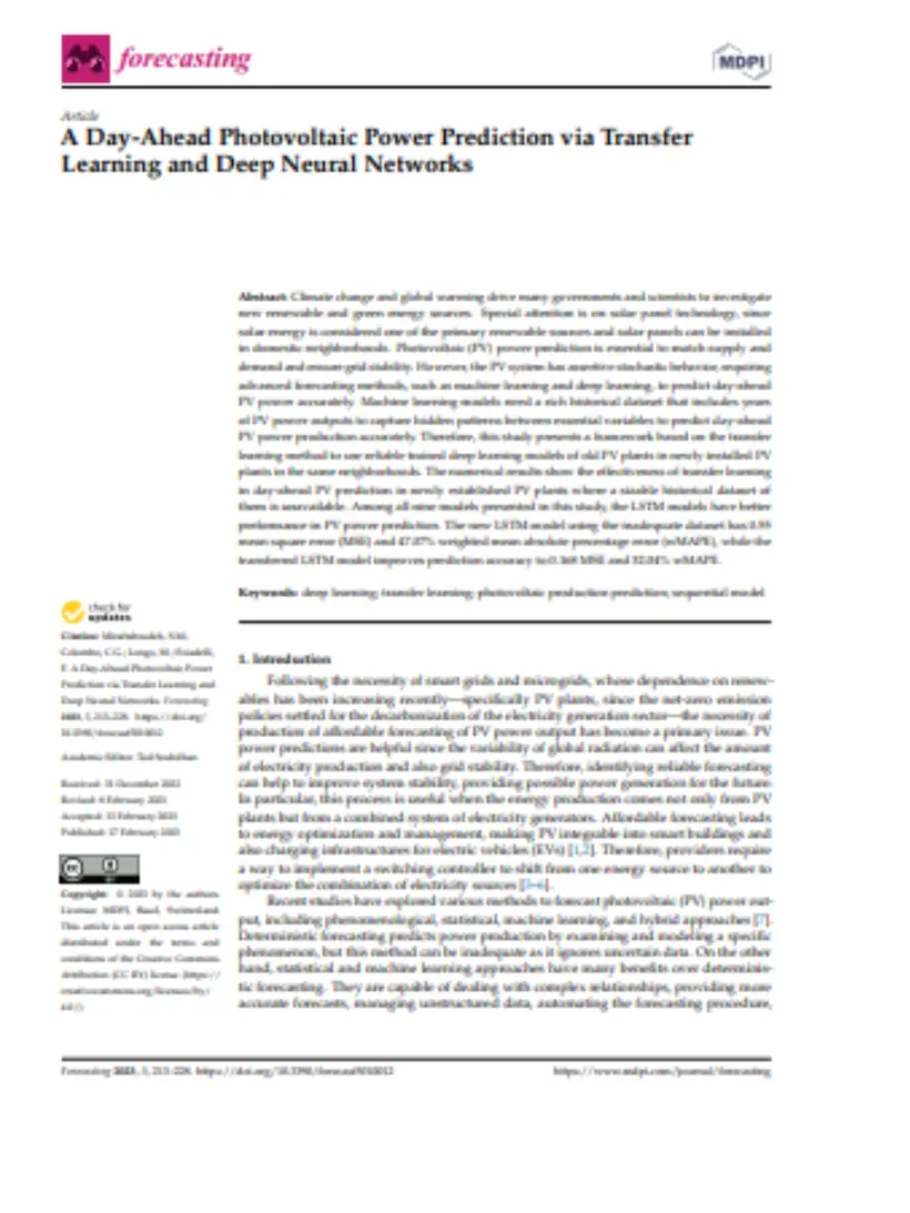 A Day-Ahead Photovoltaic Power Prediction via Transfer Learning and Deep Neural Networks — Forecasting