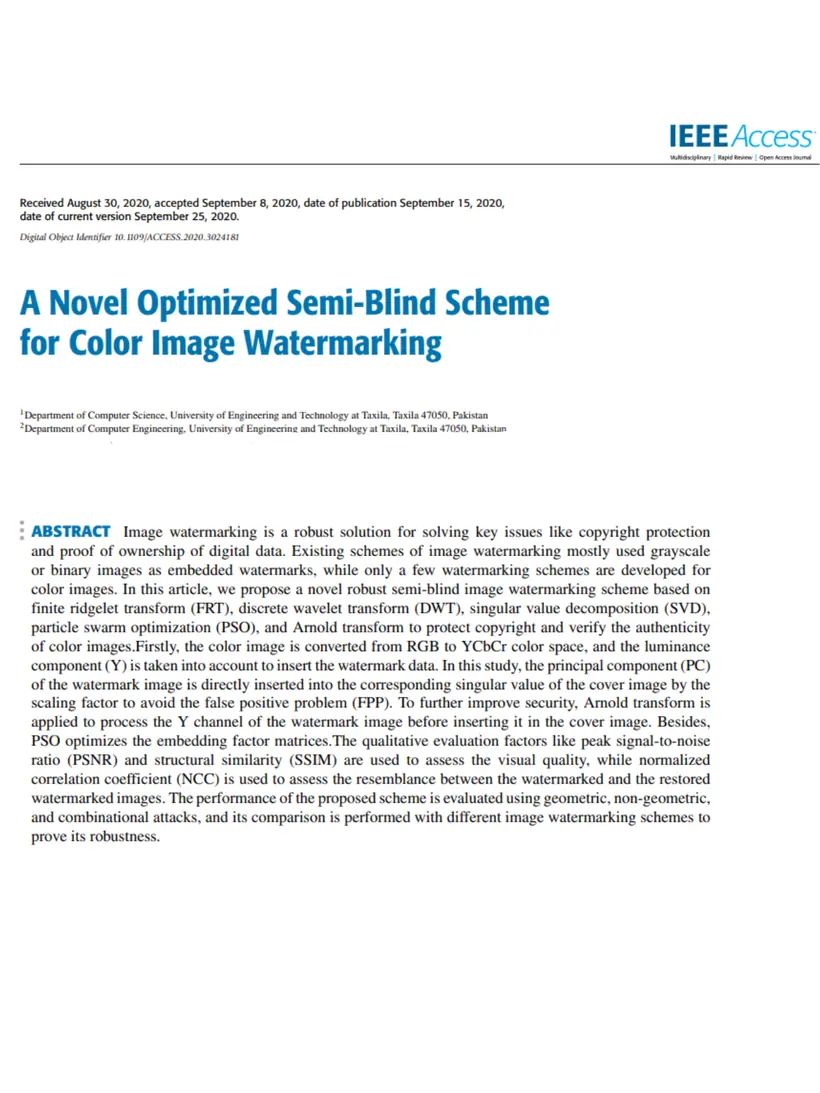 A Novel Optimized Semi-Blind Scheme for Color Image Watermarking — IEEE Access