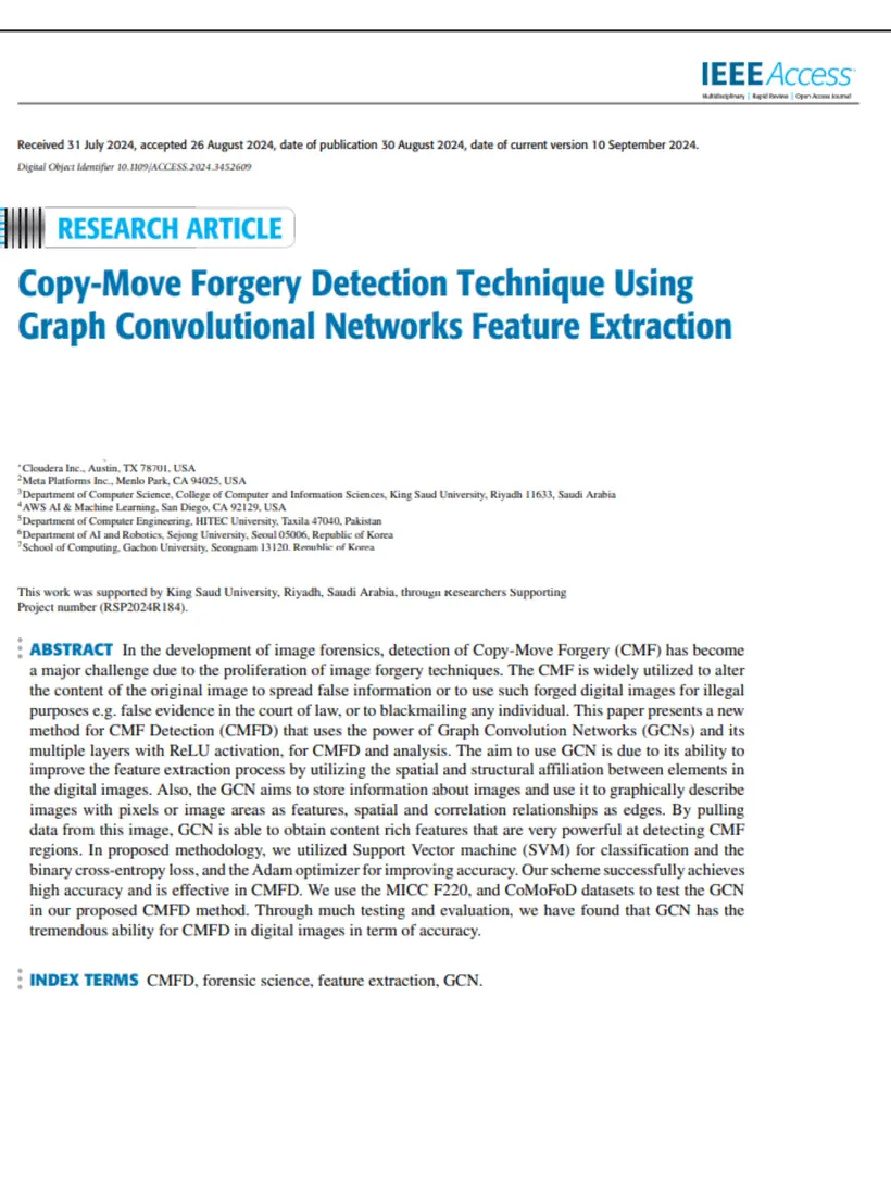 Copy-Move Forgery Detection Technique Using Graph Convolutional Networks Feature Extraction — IEEE Access