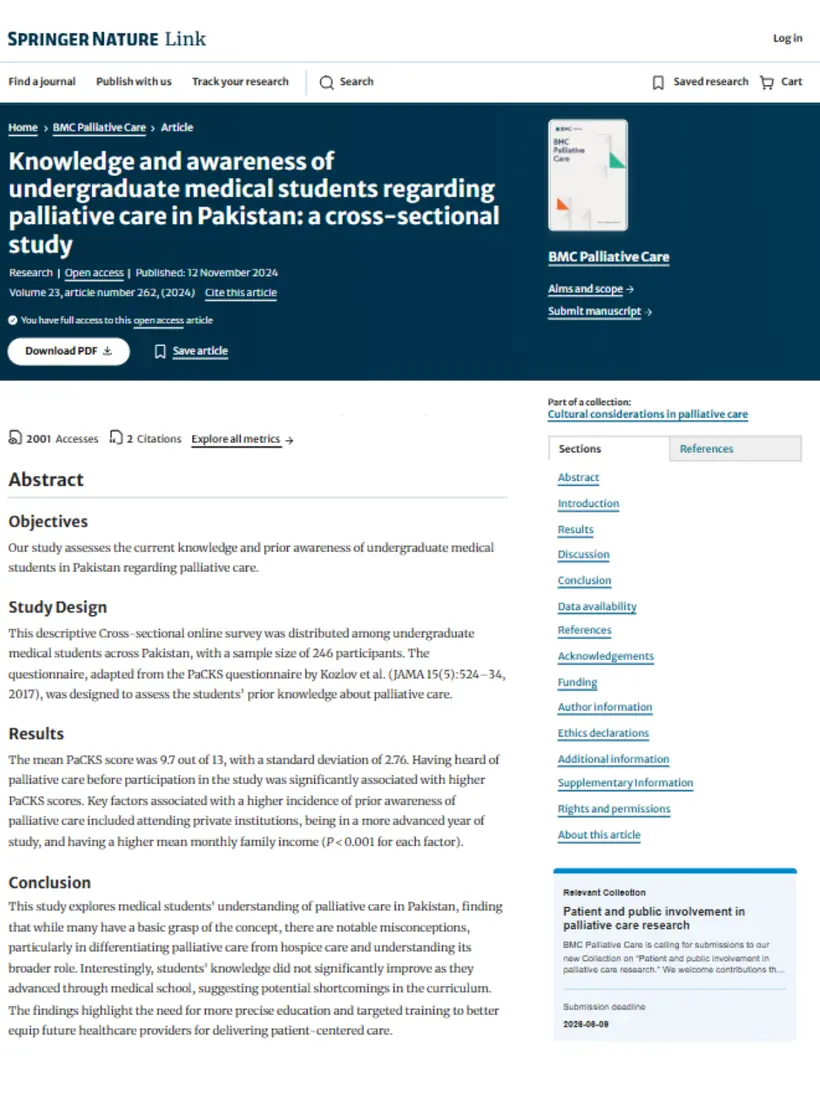 Knowledge and awareness of undergraduate medical students regarding palliative care in Pakistan: a cross-sectional study — BMC Palliative Care