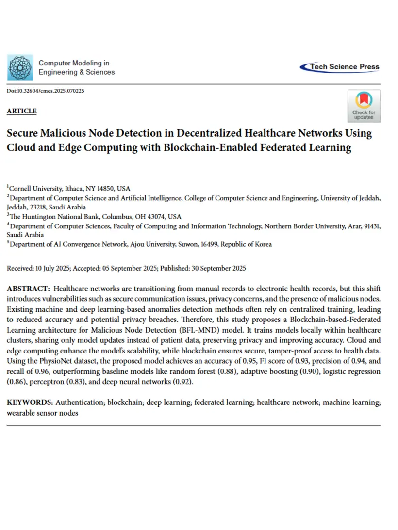 Secure Malicious Node Detection in Decentralized Healthcare Networks Using Cloud and Edge Computing with Blockchain-Enabled Federated Learning — Computer Modeling in Engineering & Sciences