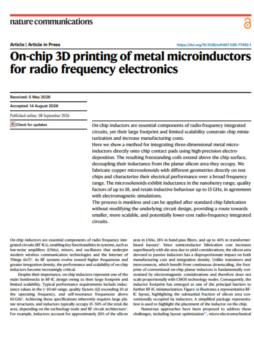 On-chip 3D printing of metal microinductors for radio frequency electronics — Nature Communications