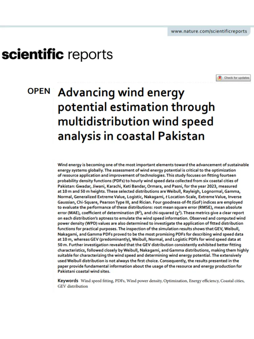Advancing wind energy potential estimation through multidistribution wind speed analysis in coastal Pakistan — Scientific Reports