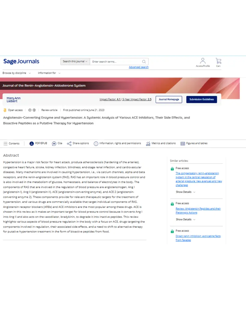 Angiotensin-Converting Enzyme and Hypertension: A Systemic Analysis of Various ACE Inhibitors, Their Side Effects, and Bioactive Peptides as a Putative Therapy for Hypertension — Journal of the Renin-Angiotensin-Aldosterone System