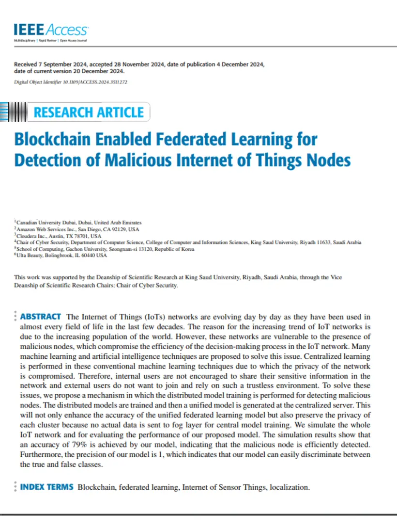 Blockchain Enabled Federated Learning for Detection of Malicious Internet of Things Nodes — IEEE Access