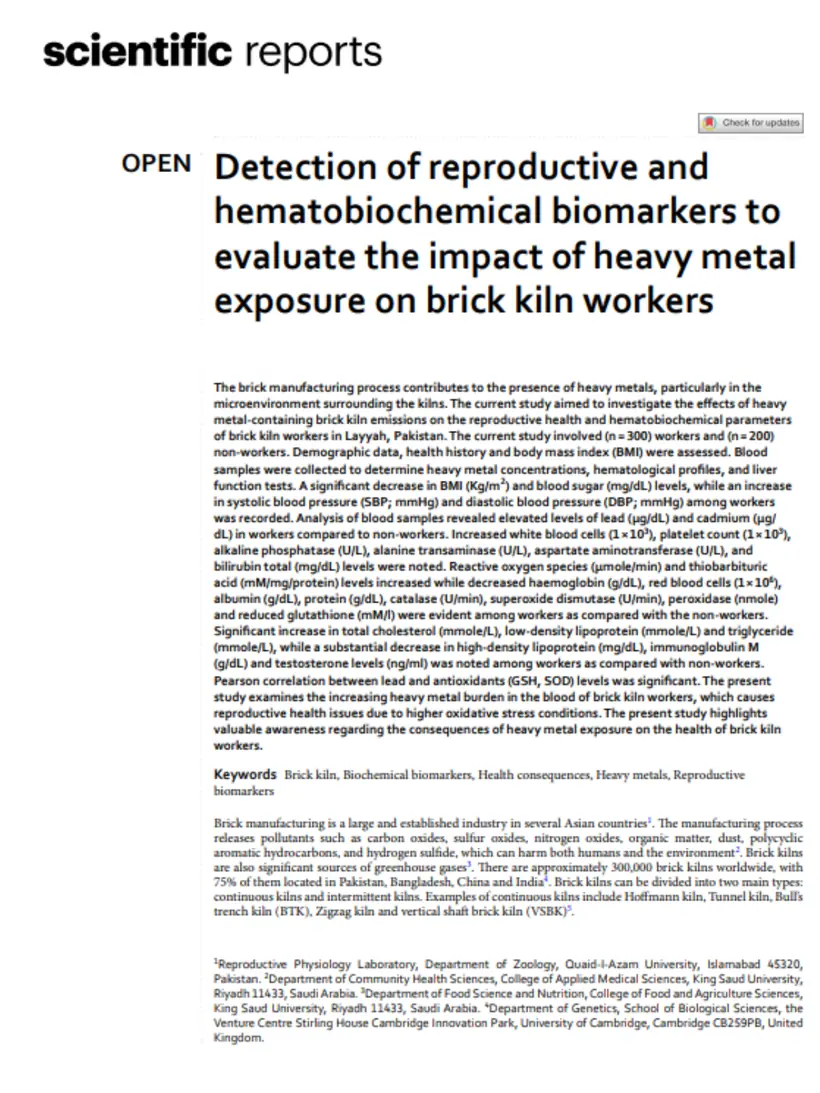 Detection of reproductive and hematobiochemical biomarkers to evaluate the impact of heavy metal exposure on brick kiln workers — Scientific Reports