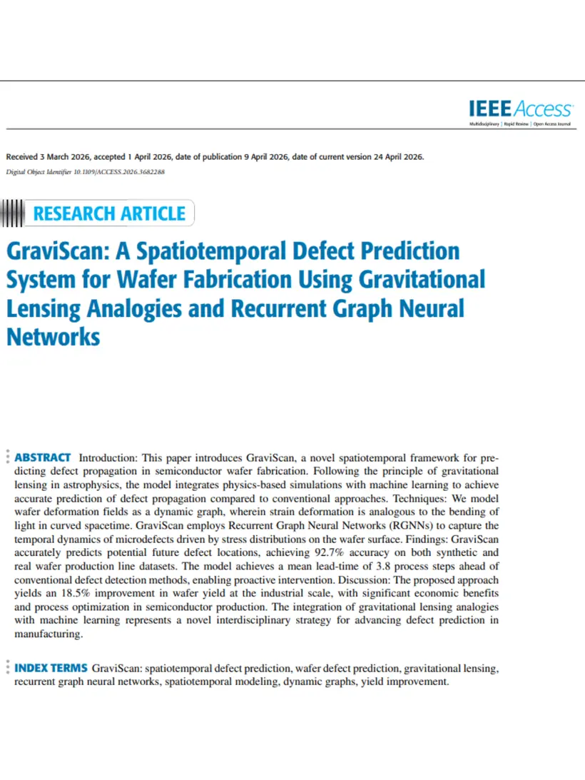 GraviScan: A Spatiotemporal Defect Prediction System for Wafer Fabrication Using Gravitational Lensing Analogies and Recurrent Graph Neural Networks — IEEE Access