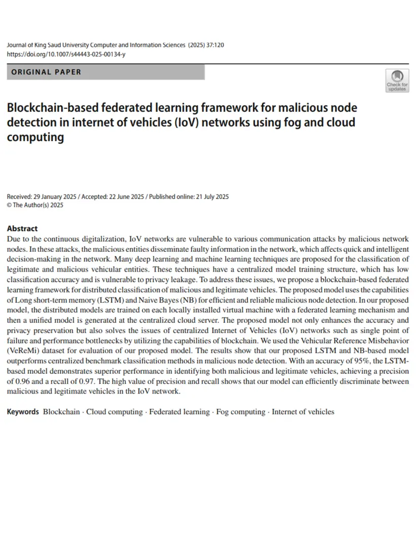 Blockchain-based federated learning framework for malicious node detection in internet of vehicles (IoV) networks using fog and cloud computing — Journal of King Saud University Computer and Information Sciences