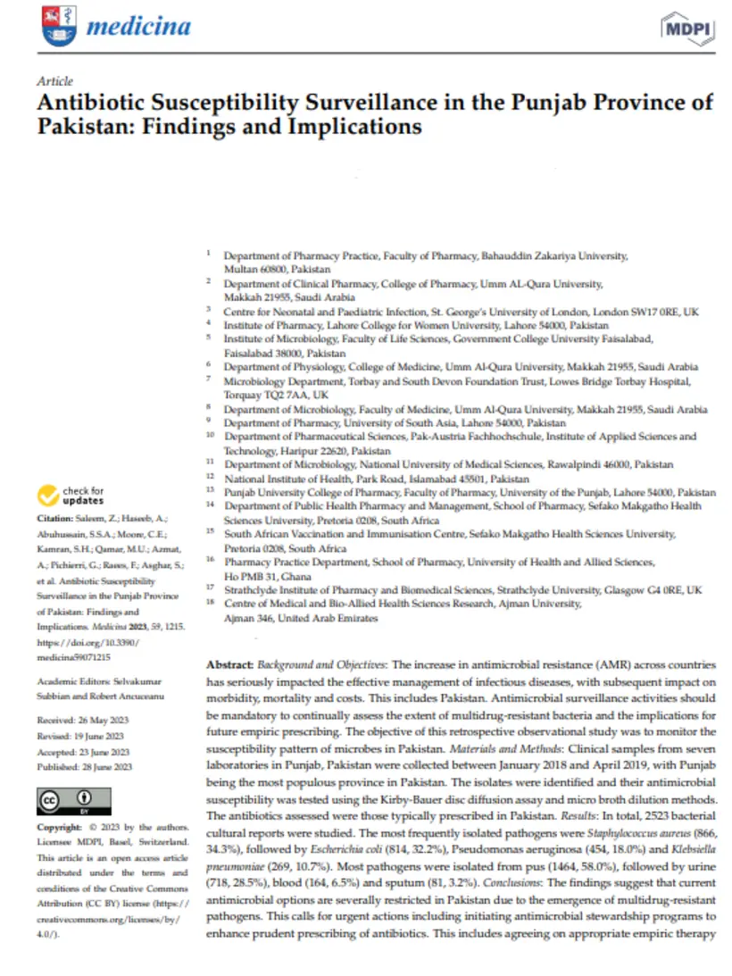 Antibiotic Susceptibility Surveillance in the Punjab Province of Pakistan: Findings and Implications — Medicina