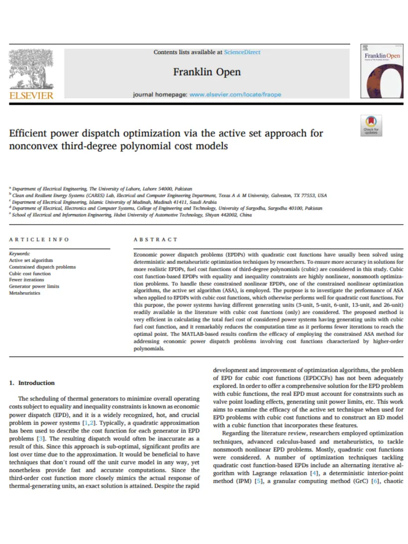 Efficient power dispatch optimization via the active set approach for nonconvex third-degree polynomial cost models — Franklin Open