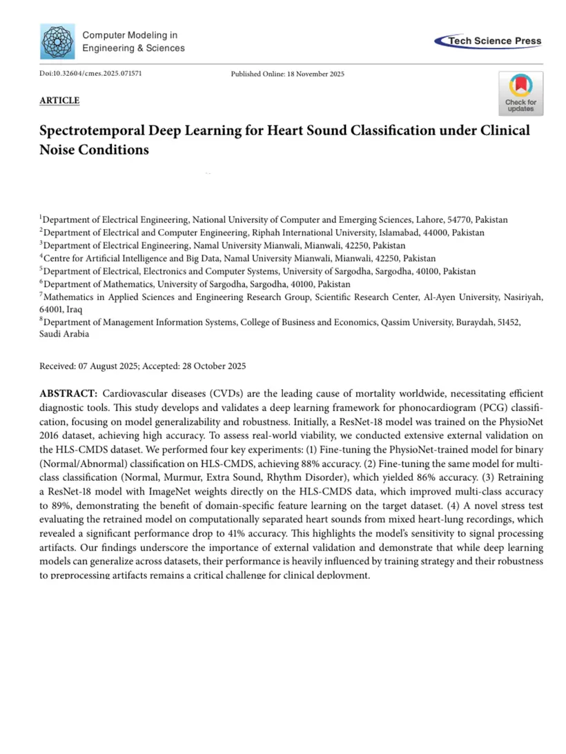 Spectrotemporal Deep Learning for Heart Sound Classification under Clinical Noise Conditions — Computer Modeling in Engineering & Sciences