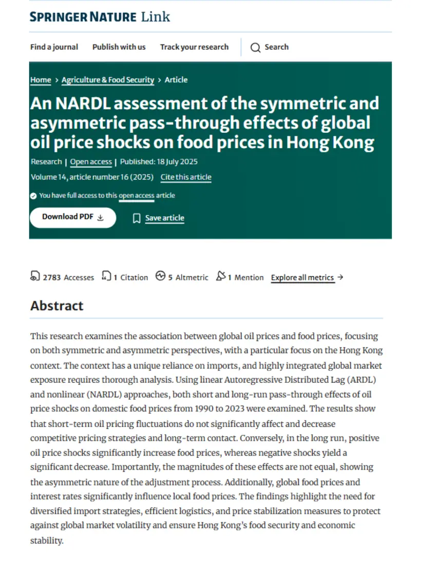 An NARDL assessment of the symmetric and asymmetric pass-through effects of global oil price shocks on food prices in Hong Kong — Agriculture & Food Security